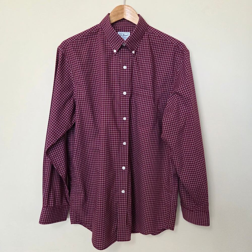 L.L. Bean Men's M-Reg Button-Down Long Sleeve Shirt Burgundy White Micro Check